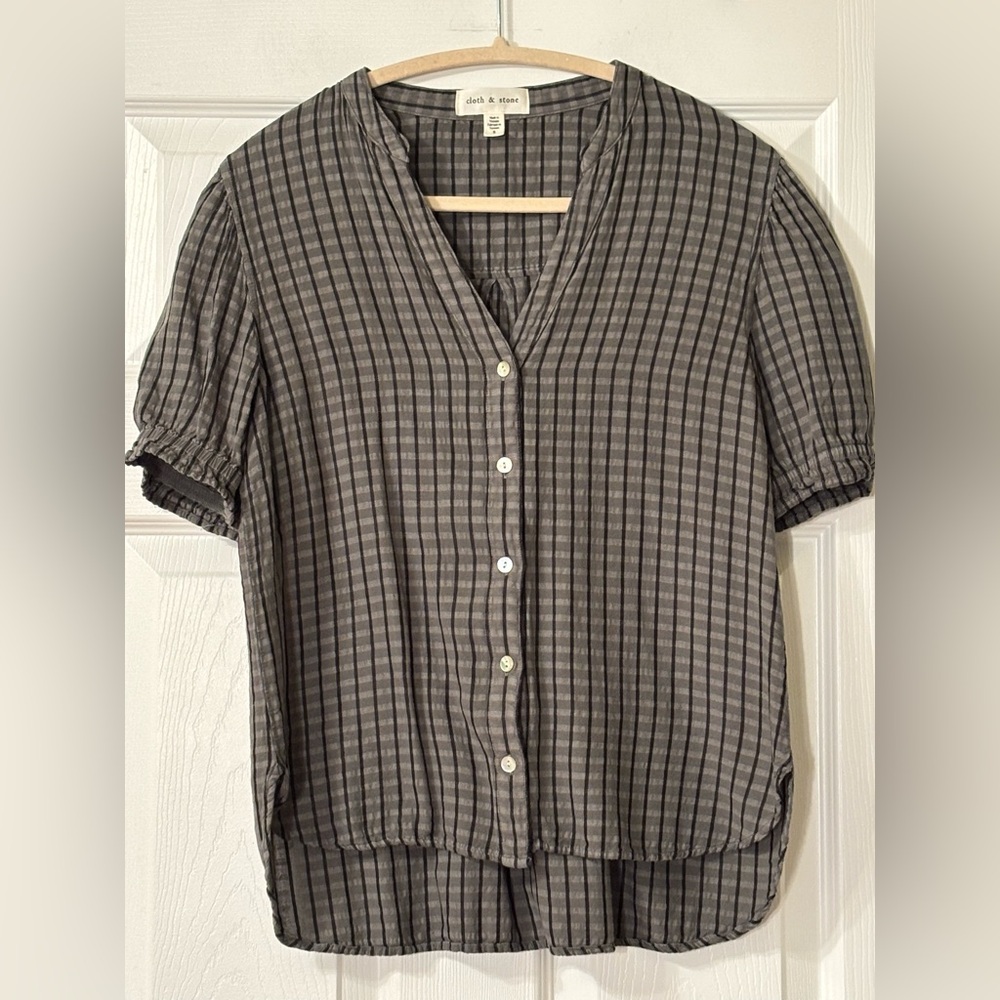 Anthropologie Cloth & Stone Puff Sleeve Linen Blend Button Down Top Size S EUC - Picture 2 of 10
